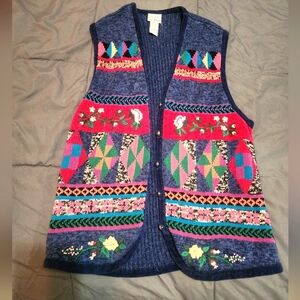 Vintage‎ Koret City Blues Floral Navy Sweater Vest Women's Size Large
